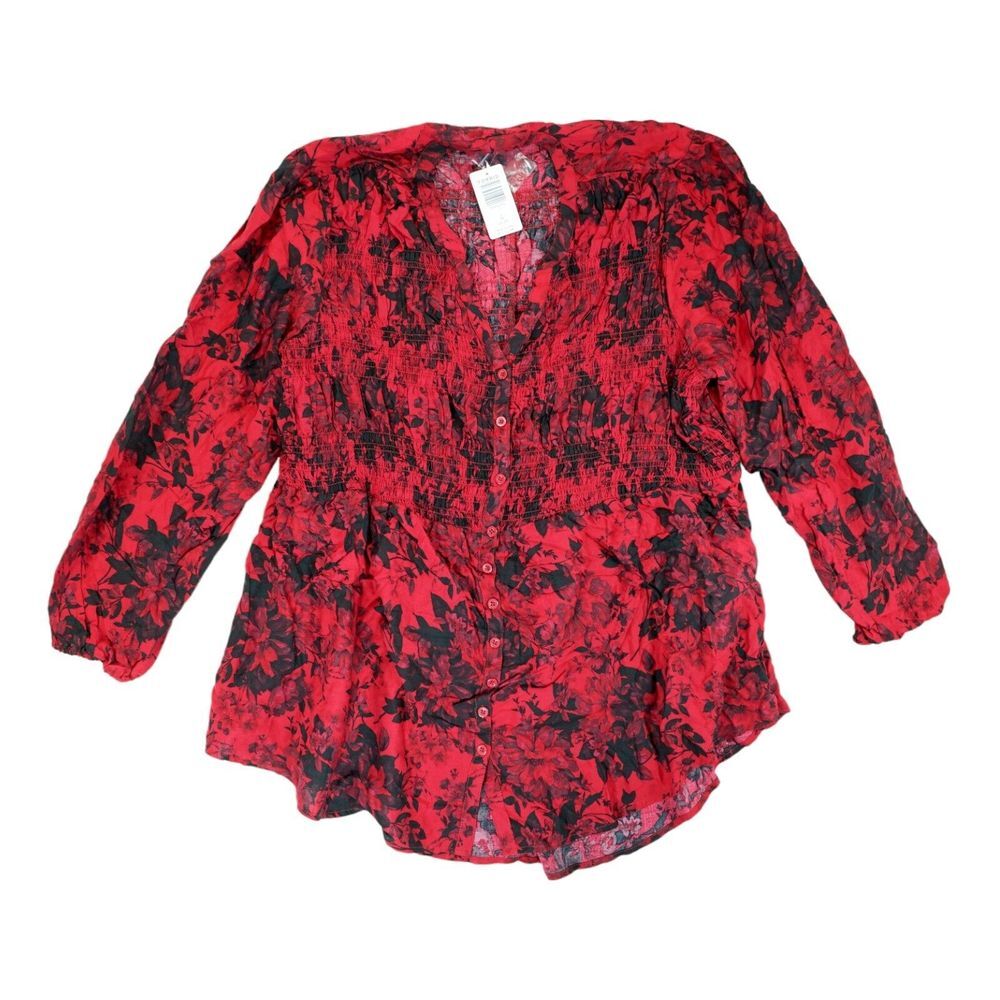 NWT Torrid Tunic Top Size 3 Floral Red Black Smocked Twill Button Long Sleeve